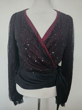 Anne Klein Silk Burgundy Sequin Wrap Blouse with Black Sash Size M